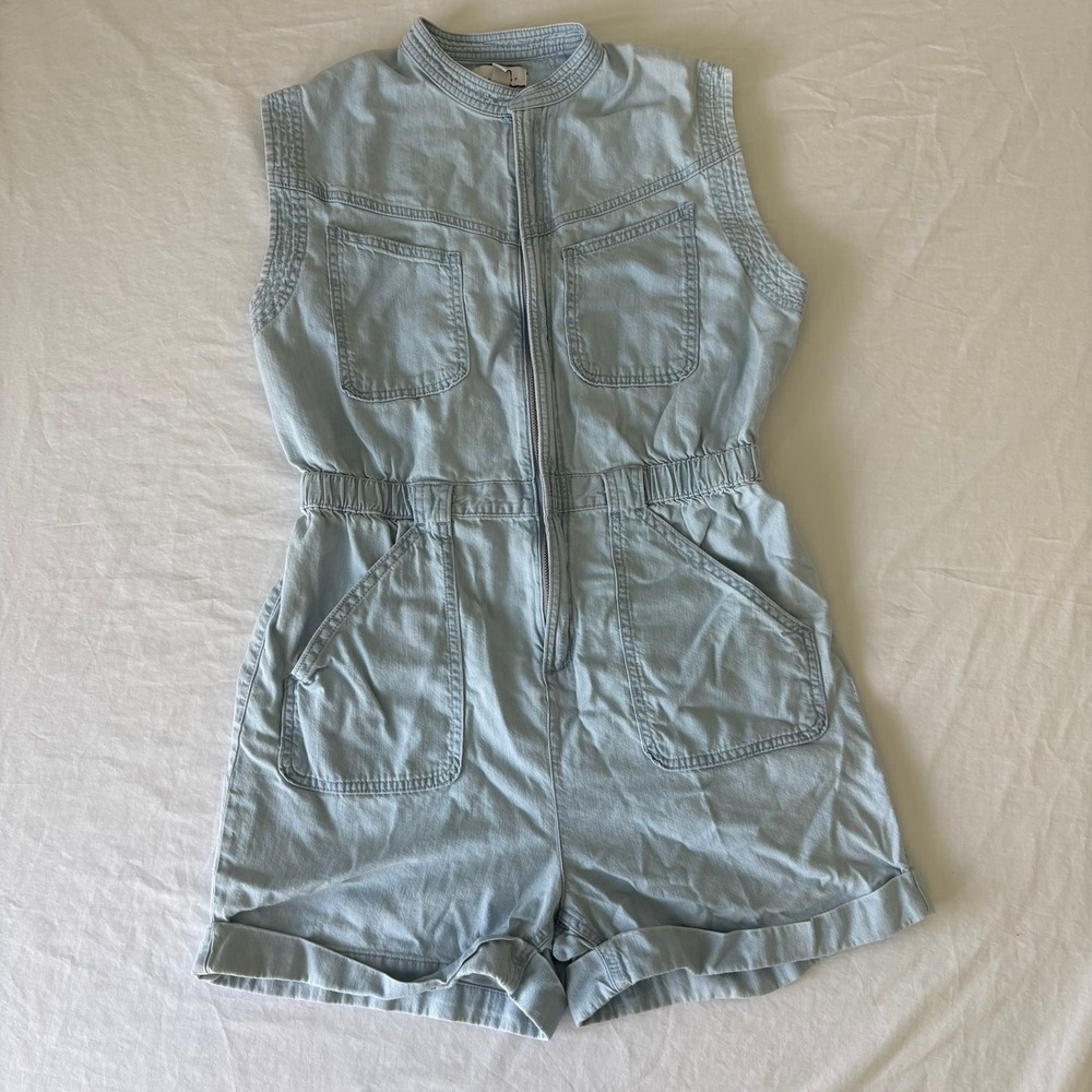 Topshop Light‎ Wash Denim Sleeveless Utility Romper Zip Front Blue US 8